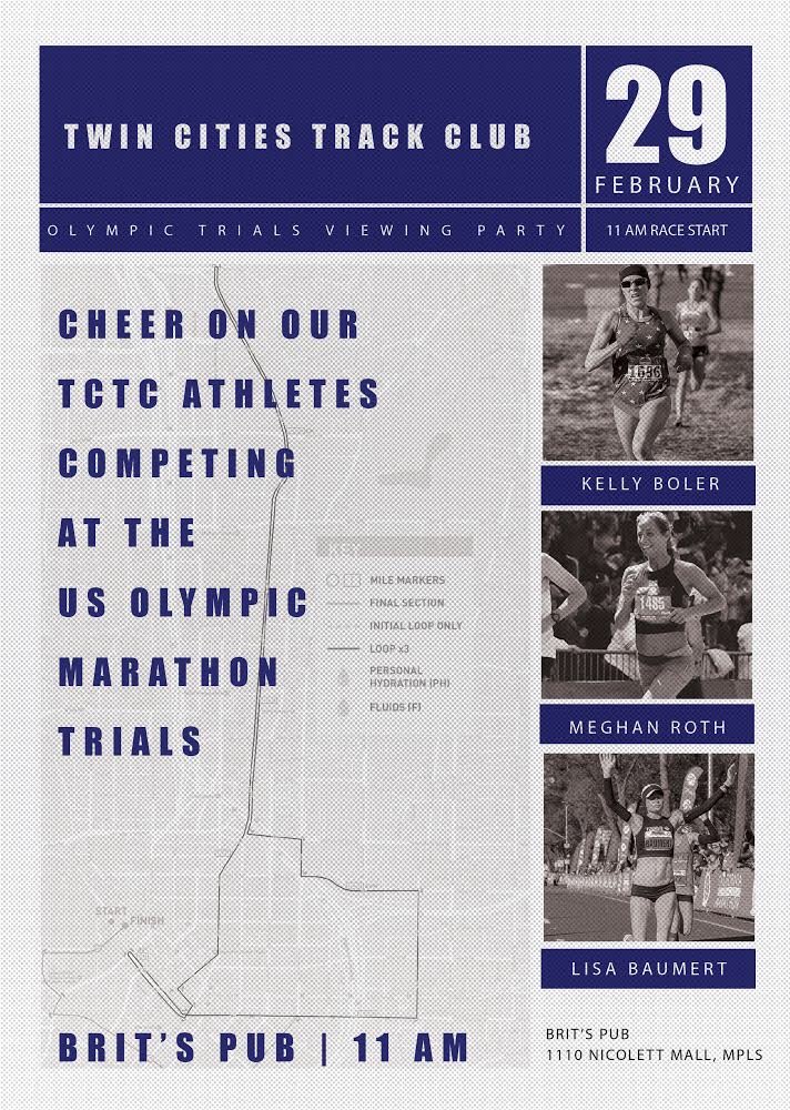 ‼️The US Olympic Marathon Trials are just around the corner‼️

Help us cheer on <a href="/lisasuebaumert/">🌱 Lisa Baumert 🌱</a>, <a href="/kbrink4/">Kelly(Brinkman)Boler</a> &amp; Meghan Roth <a href="/britspubmpls/">Brit's Pub</a> on 2/29 @ 11 am.

✔️RSVP: bit.ly/TCTCTrials

#TCTC #USMarathonTrials #Atlanta2020

[Poster Cred: <a href="/annatruong16/">Anna</a>]
