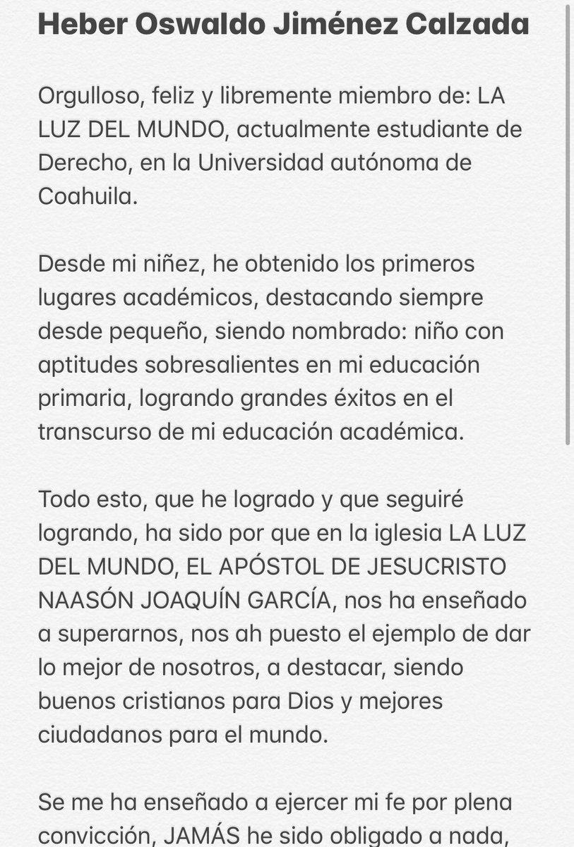 HeberJimenez20's tweet photo. En respuesta a todas las falsas acusaciones, quiero hacer público mi testimonio como miembro de la iglesia @iglesialldm en defensa al #Honorable APÓSTOL DE JESUCRISTO NAASÓN JOAQUÍN GARCÍA. @mileniotv @Milenio @NTelevisa_com @AristeguiOnline @lopezdoriga @TelemundoNews https://t.co/UGMqur68N3