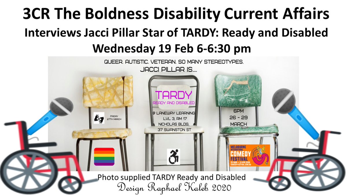 Big news being announced tonight on <a href="/3CR/">3CR Community Radio</a> Community Radio show "The Boldness" - tune in from 6pm, I'm talking  about my <a href="/micomfestival/">Melbourne International Comedy Festival</a> show "Tardy", it's entirely autistic front of house team and another #MICF first, plus one of the most unexpected developments of my life...