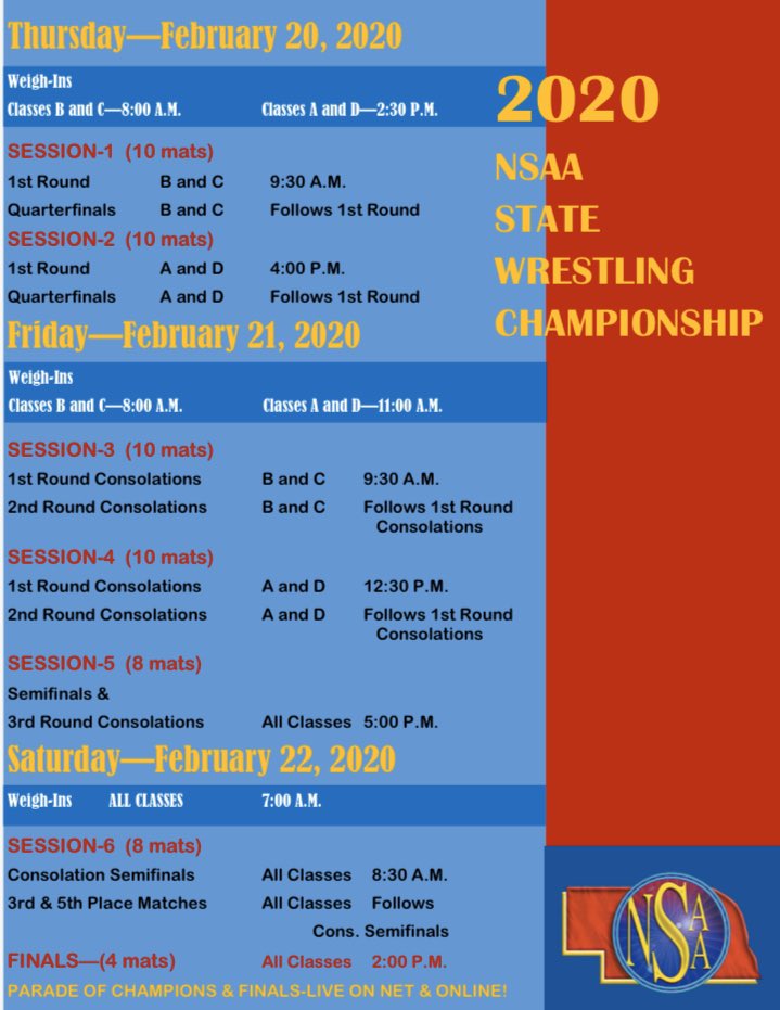BerganWrestling's tweet photo. Here’s the schedule for this weekend for anyone who is planning on attending the state wrestling tournament. https://t.co/SSuxbYAINK
