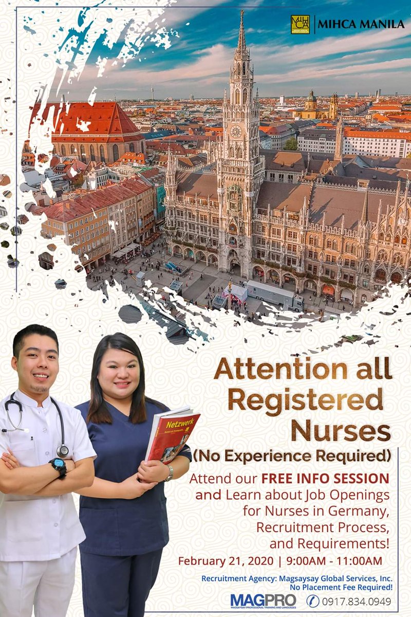 MagProTraining's tweet photo. Attention ALL REGISTERED NURSES! (No Experience Required) Application for work in Germany is ongoing!

Attend our FREE INFO SESSION on February 21, 2020, 9:00AM. To secure your slot, please send us a message.

Recruitment Agency: Magsaysay Global Services, Inc. (No Placement Fee) https://t.co/Gyx3coTXhp