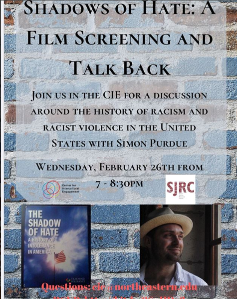 SJRCneu's tweet photo. As a part of PSJW, we are holding a film screening and talk back on the history of racism and racist violence in the U.S. February 26 7-8:30pm in the CIE. Don’t miss it!RSVP here: https://t.co/59vO6U0qJy https://t.co/EpRLeeN1pO