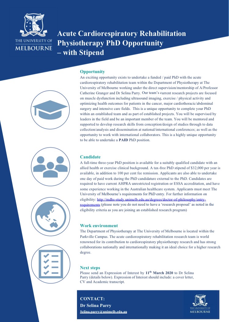 GrangerCL's tweet image. Interested in #cancerexercise +/- #ICUrehab? We have a paid PhD position for #Alliedhealth clinician to do a #PhD with our team @PhysioUnimelb @UniMelbMDHS @TheRMH Expressions of Interest close 11th March!