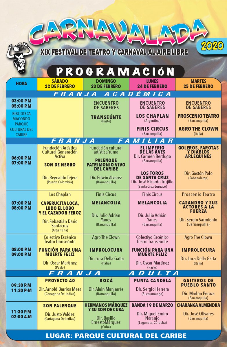 Aquí está nuestra programación oficial para que disfrutes junto a nosotros del teatro, la danza y la música de nuestra región. La cita es del 22 al 25 de Febrero en el Parque Cultural del Caribe ¡LOS ESPERAMOS! #CARNAVALADA2020 #19AÑOSJUNTOS