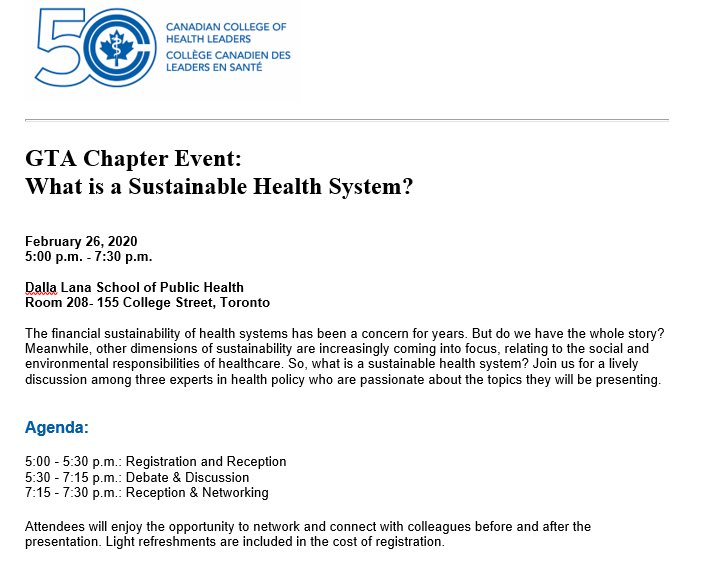 TalyaJW's tweet photo. What is a sustainable health system? Join @CCHLGTA, @ihpmeuoft Centre for Sustainable Health, and @EHLToronto for a reflective discussion among three experts in health policy @drandrewb @IrfanDhalla @FionaAliceMill on February 26 - Register today at: https://t.co/cVtTn2ixPs https://t.co/v2EFOipnGg