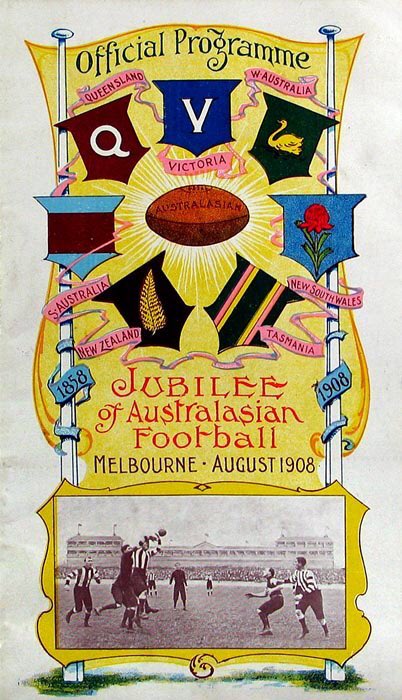 AFLisnotasport's tweet image. Welcome to all my recent followers!

You may not know that my avatar comes from the program(me) of the 1908 Jubilee of Australiasian Football carnival, with banners marking the participating teams from the six Australian states as well as New Zealand. 🇦🇺🏉
