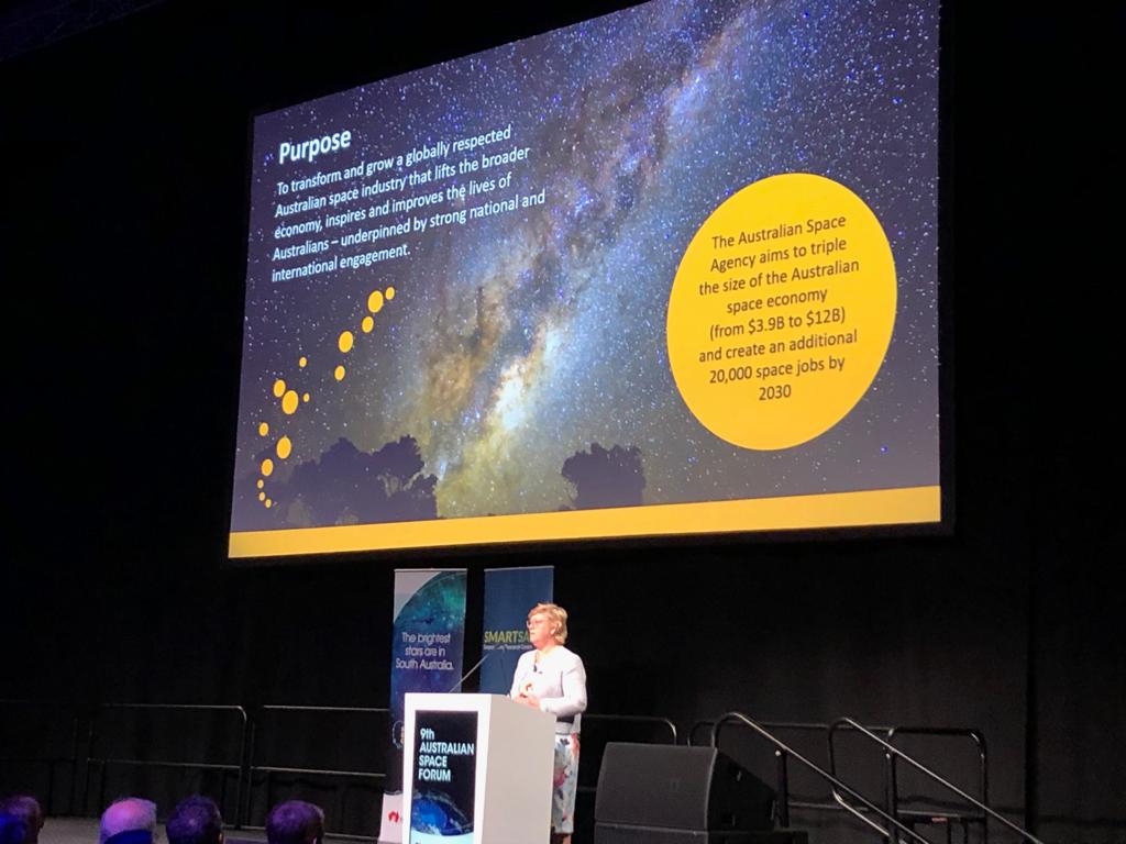 Our Head of the Australian Space Agency, Dr Megan Clark, presenting at today's <a href="/SASIC_Aus/">SASIC</a> #SASpaceForum in Adelaide on how we have delivered on our purpose and continue to transform and grow Australia's space industry.