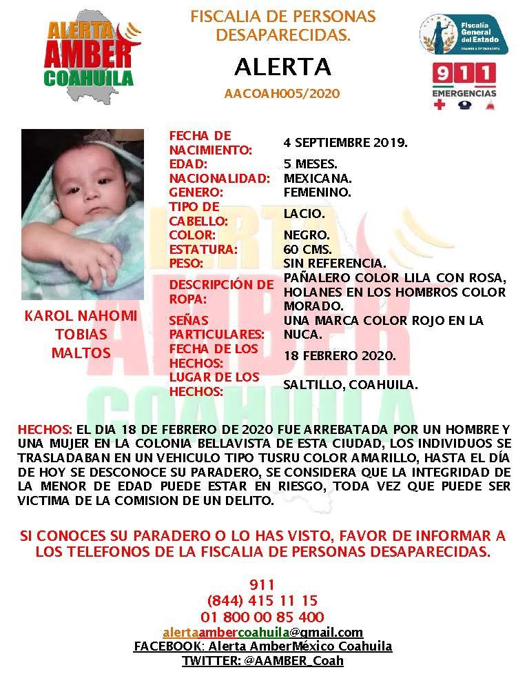 En apoyo a la Alerta Amber Coahuila, solicitamos su apoyo para la búsqueda de la menor Karol Nahomi Tobías Maltos. Favor de compartir.