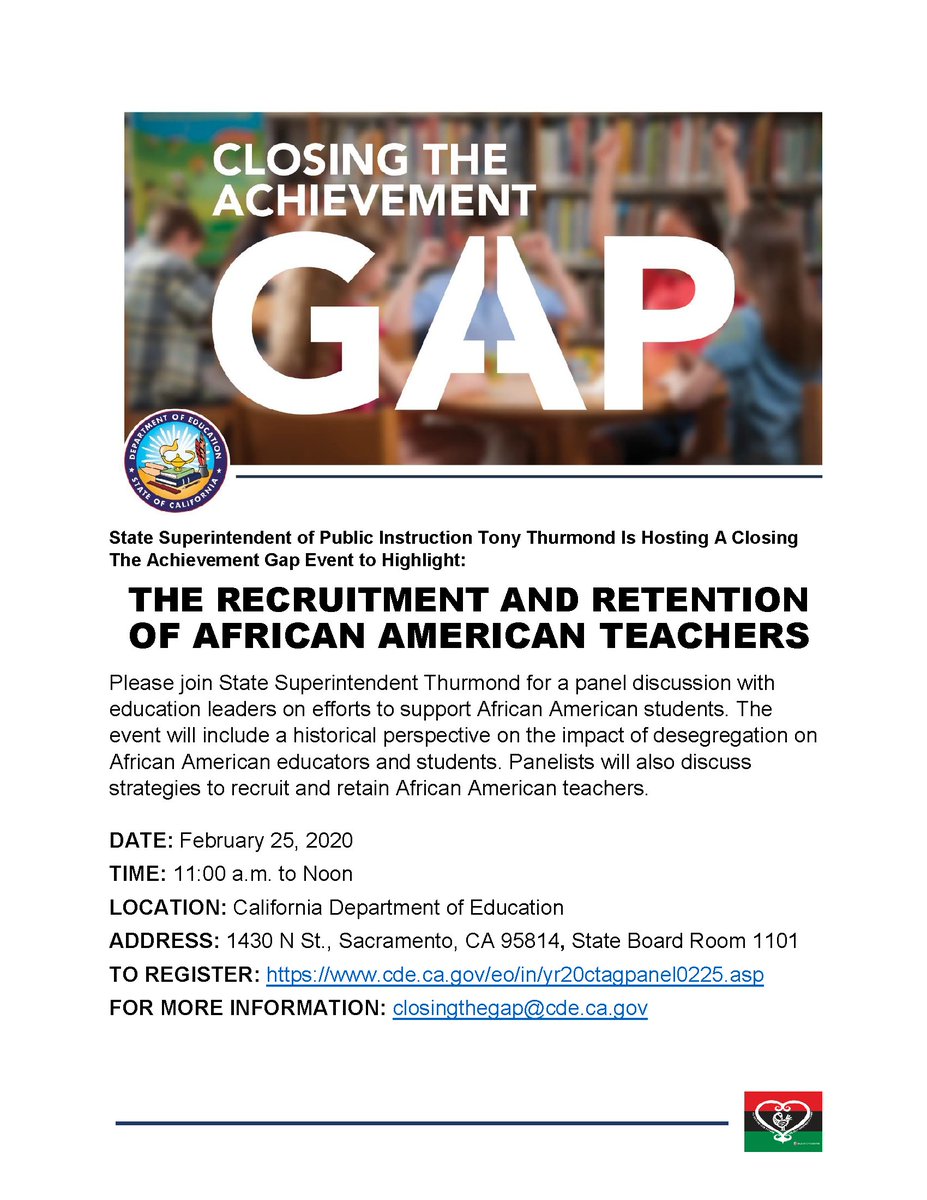State Superintendent <a href="/TonyThurmond/">Tony Thurmond</a> is hosting a panel discussion on Tuesday, February 25, with education leaders on efforts to support African American students. The event coincides with Black History Month.

Register here or sign up to join via webinar: cde.ca.gov/eo/in/yr20ctag…