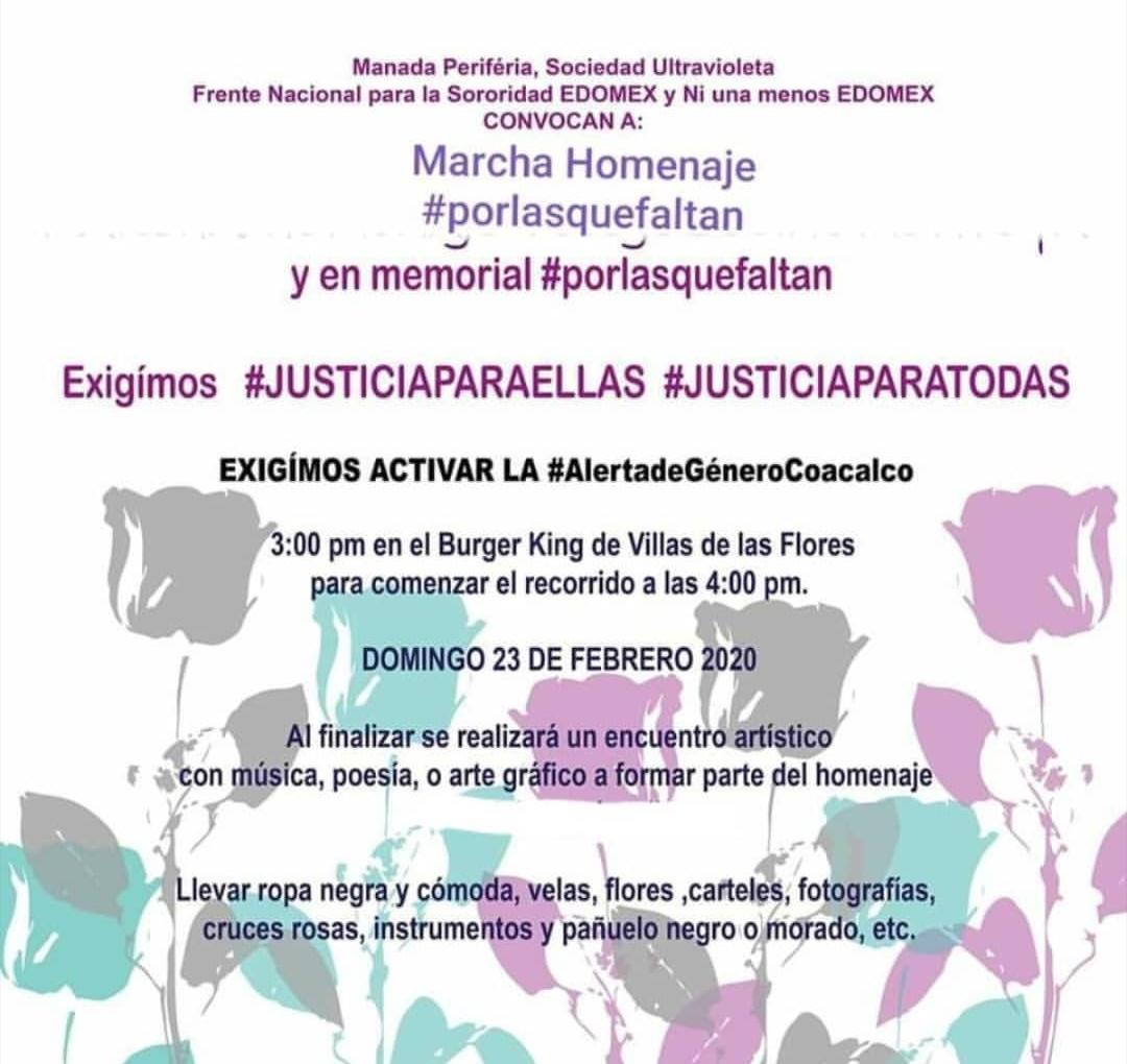 HERMANAS, nos necesitan en las periferias. Por favor compartan esta convocatoria para #Coacalco. ¡Vamos! #JusticiaParaEllas #JusticiaParaTodas