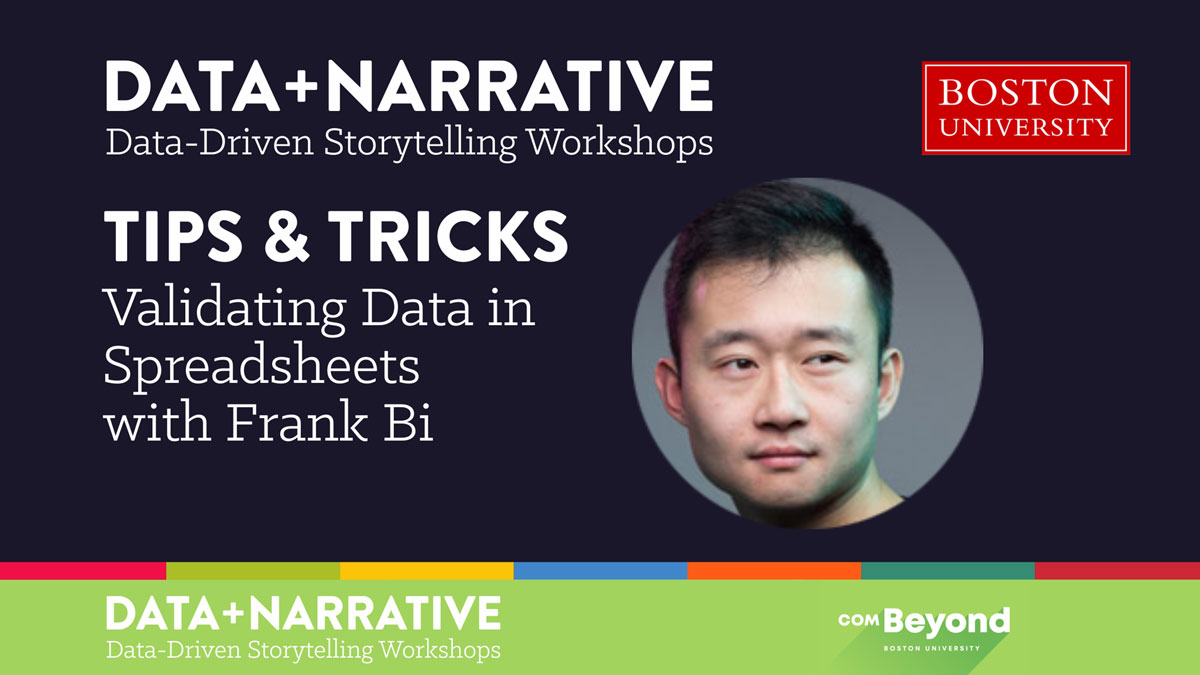 BUDataNarrative's tweet image. Data Validation! Today, we’d like to share our first video in our “Tips &amp;amp; Tricks” series. Take a few minutes to meet Frank and learn his #data validation trick. combeyond.bu.edu/workshop/data-…