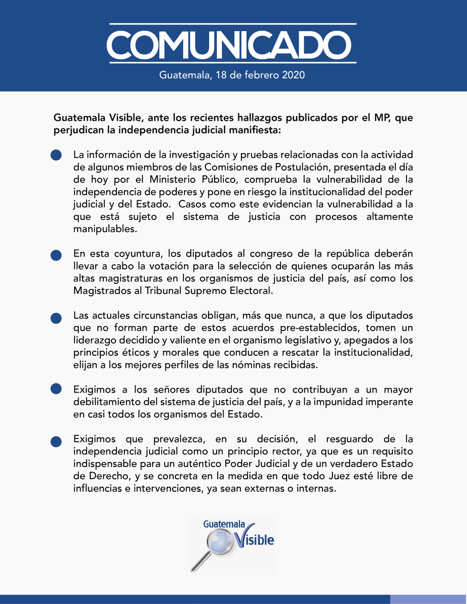 guatevisible's tweet photo. #PostuladoraVisible 🔍

Ante los recientes hallazgos publicados por el @MPguatemala  relacionado con algunos miembros de la Comisión de Postulación, Guatemala Visible manifiesta. #CSJIntachable #ComisionesParalelas2020 https://t.co/2OhwXQl0Mj