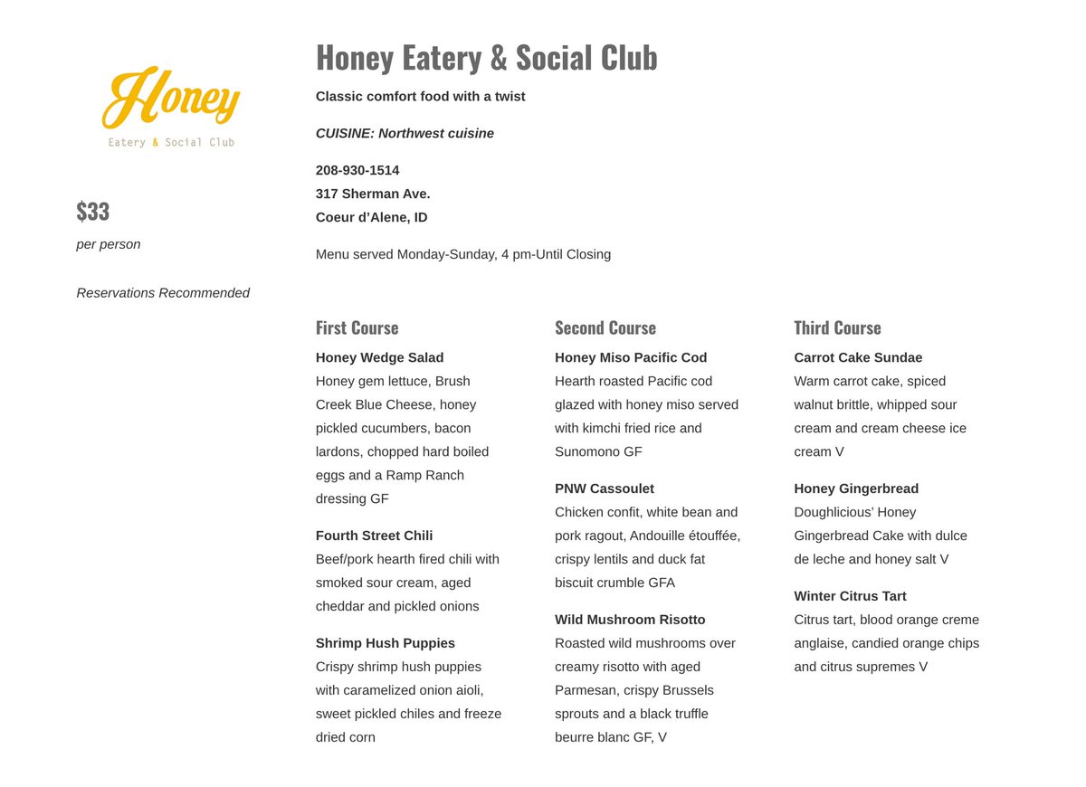 Inlander Restaurant Week starts this Thursday!!!

Chef Justin and team, have put together an amazing menu.  Make your plans now to come visit us! 🍯 

#EatINW #HoneyEatery #InlanderRW #SupportLocal