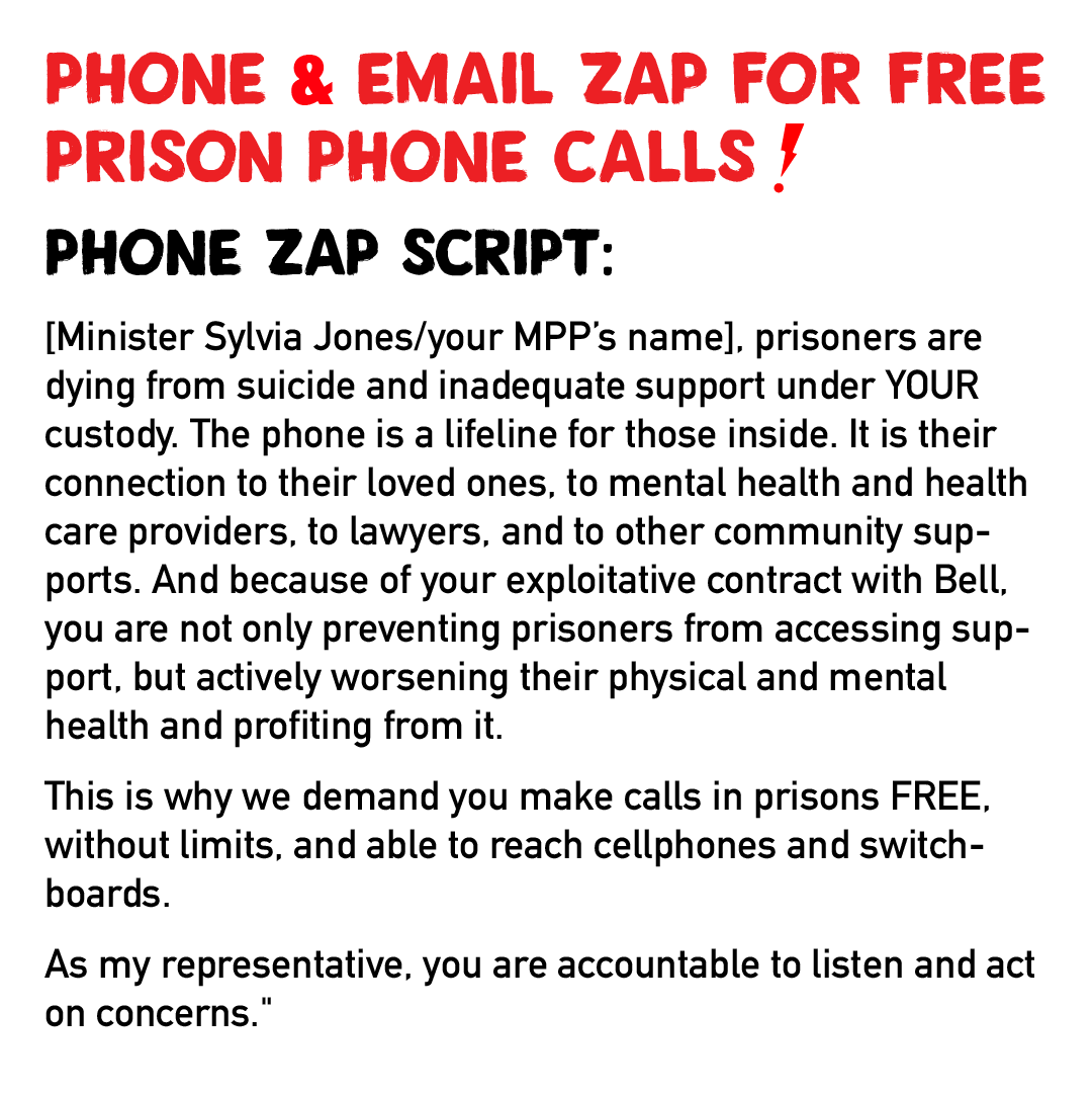 Students4HR's tweet photo. TOMORROW February 19, join our PHONE ZAP to demand free calls for prisoners NOW!
We will CALL, EMAIL, and TWEET the Minister of Solicitor General and local MPPs to demand an end to the exploitative prison phone contract. #BellLetUsTalk
RSVP & see script: https://t.co/eK4tLKtq4E https://t.co/NcMwzhnSps