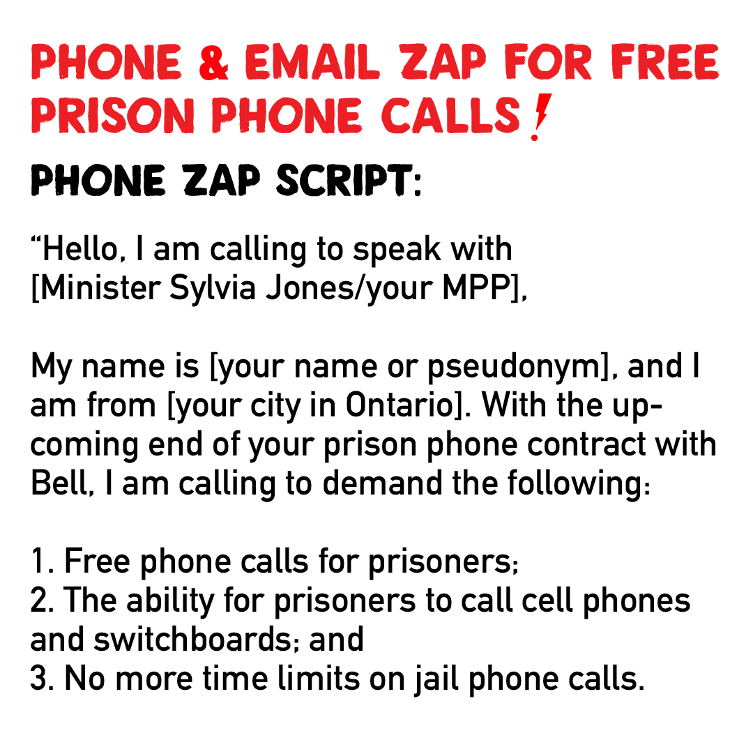 Students4HR's tweet photo. TOMORROW February 19, join our PHONE ZAP to demand free calls for prisoners NOW!
We will CALL, EMAIL, and TWEET the Minister of Solicitor General and local MPPs to demand an end to the exploitative prison phone contract. #BellLetUsTalk
RSVP & see script: https://t.co/eK4tLKtq4E https://t.co/NcMwzhnSps