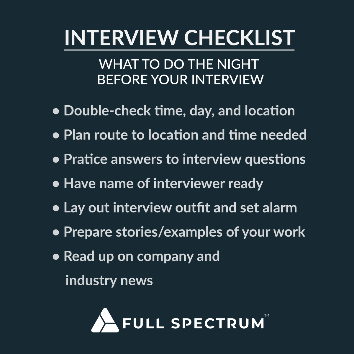 FullSpecStaff's tweet image. Job Interview Tip Tuesday! Here are a few tips on what you should do the night before your interview. #fullspectrumjobs #tiptuesday #interviewchecklist #interviewtips #tips #tiptuesday #jobinterview #interviewtip #jobs #jobsearch #interview