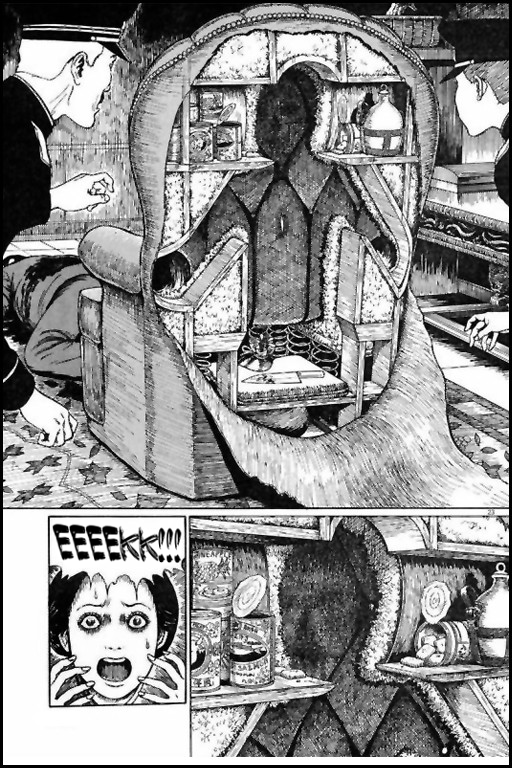 that really funny junji ito short about the man who secretly lived in a chair but it's me in this pink bunny gamer girl chair