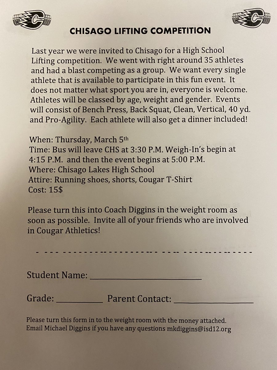 CentCougsFB's tweet photo. Get signed up for Chisago competition! Any athlete involved in Cougar athletics is encouraged to participate. An opportunity for us to compete as an athletic program (MALES &amp; FEMALES). If you have questions, please reach out to Coach Diggins @M_Diggins32 https://t.co/lL9S8JDBSz