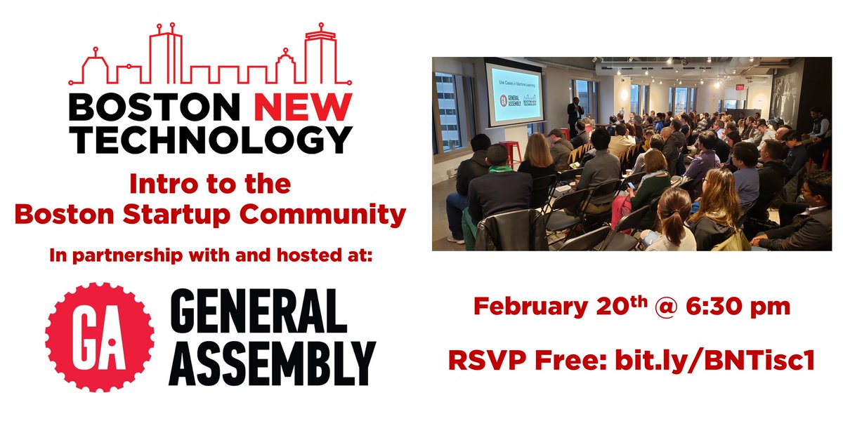 Join <a href="/BostonNewTech/">Boston New Technology (BNT)</a> &amp; <a href="/GA/">General Assembly</a> for Intro to the #Boston #Startup Community!
Thurs 6:30 pm at @GA_Boston
bit.ly/BNTisc1
Featuring: <a href="/TomMaloneyCoach/">Tom Maloney</a> <a href="/iamandyjacques/">Andy Jacques</a> <a href="/ebport/">Beth Porter</a> <a href="/ChuckGoldstone/">Strategies and Stories</a> #OmamaMarzuq #SunitaJoshi! #MA #startups