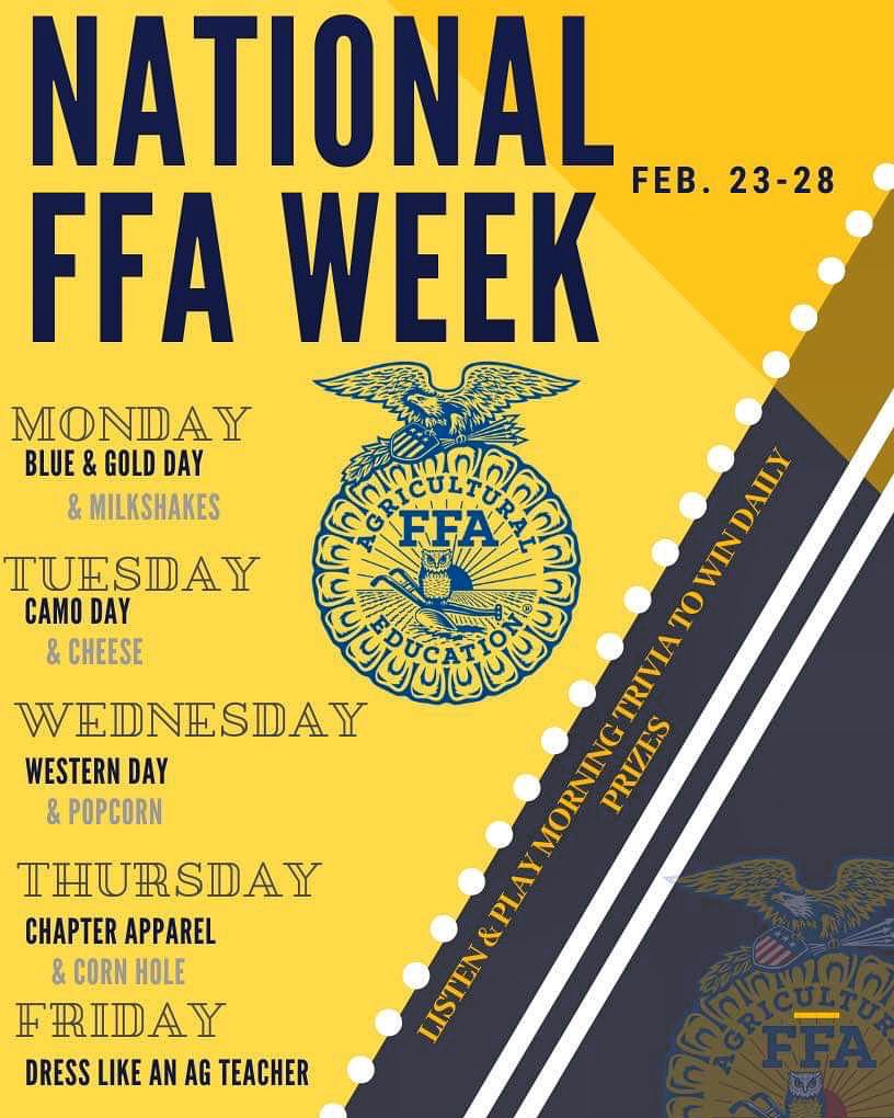 MissBoardman's tweet photo. @hvrhs faculty, staff and all students are invited to participate in our FFA Week Spirit Week from Feb. 24-28! Thanks for your support of our program! https://t.co/Kdt9EwI2hO