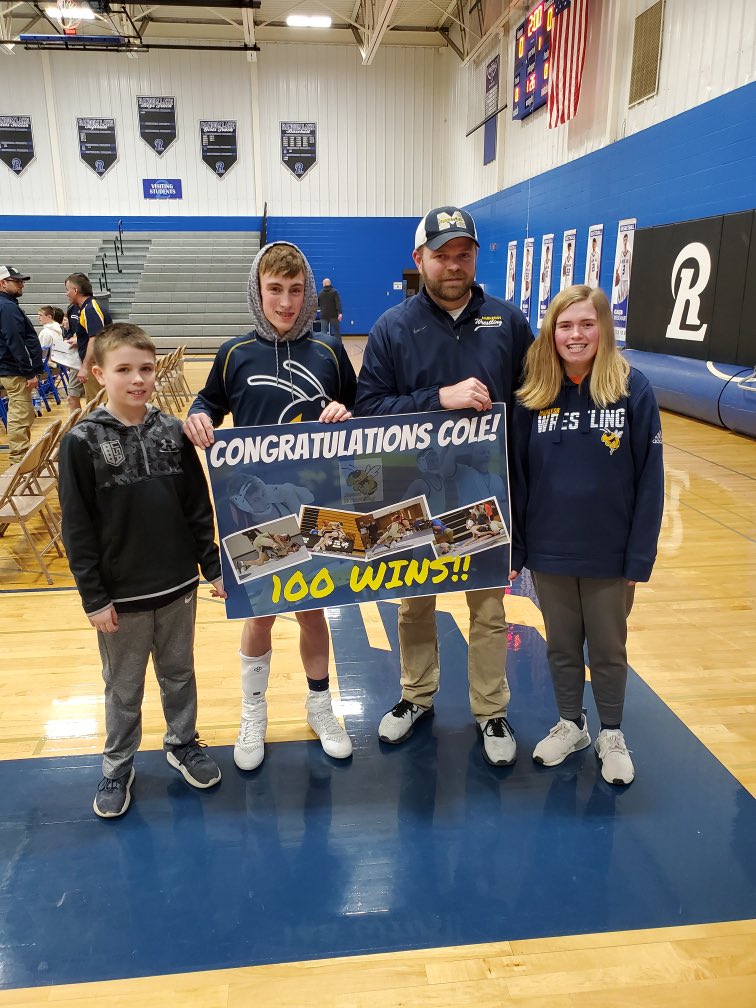 Congrats to Cole Slark getting his 100 win tonight.  Hornets defeat Horicon to advance to finals at team sectionals. Will wrestle random lake in finals.