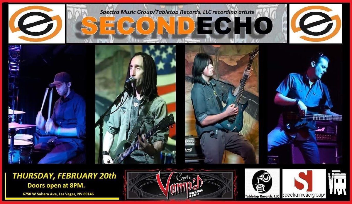 secondechomusic's tweet photo. In 2 days, @JohnGist16 &amp; @VegasRockRev brings you “The Vegas Rock Showcase”

Thursday, 2/20/20

@VampdVegas
6750 W Sahara
#LasVegas, #NV

~ @secondechomusic 
~ @TheScorched 
~ #CureTheCurse 
~ #NotYourKind

Doors @ 7:30PM
NO COVER :)

#Southern #Nevada
#LiveMusic
#SecondEchoMusic https://t.co/kH0n1SRFgn
