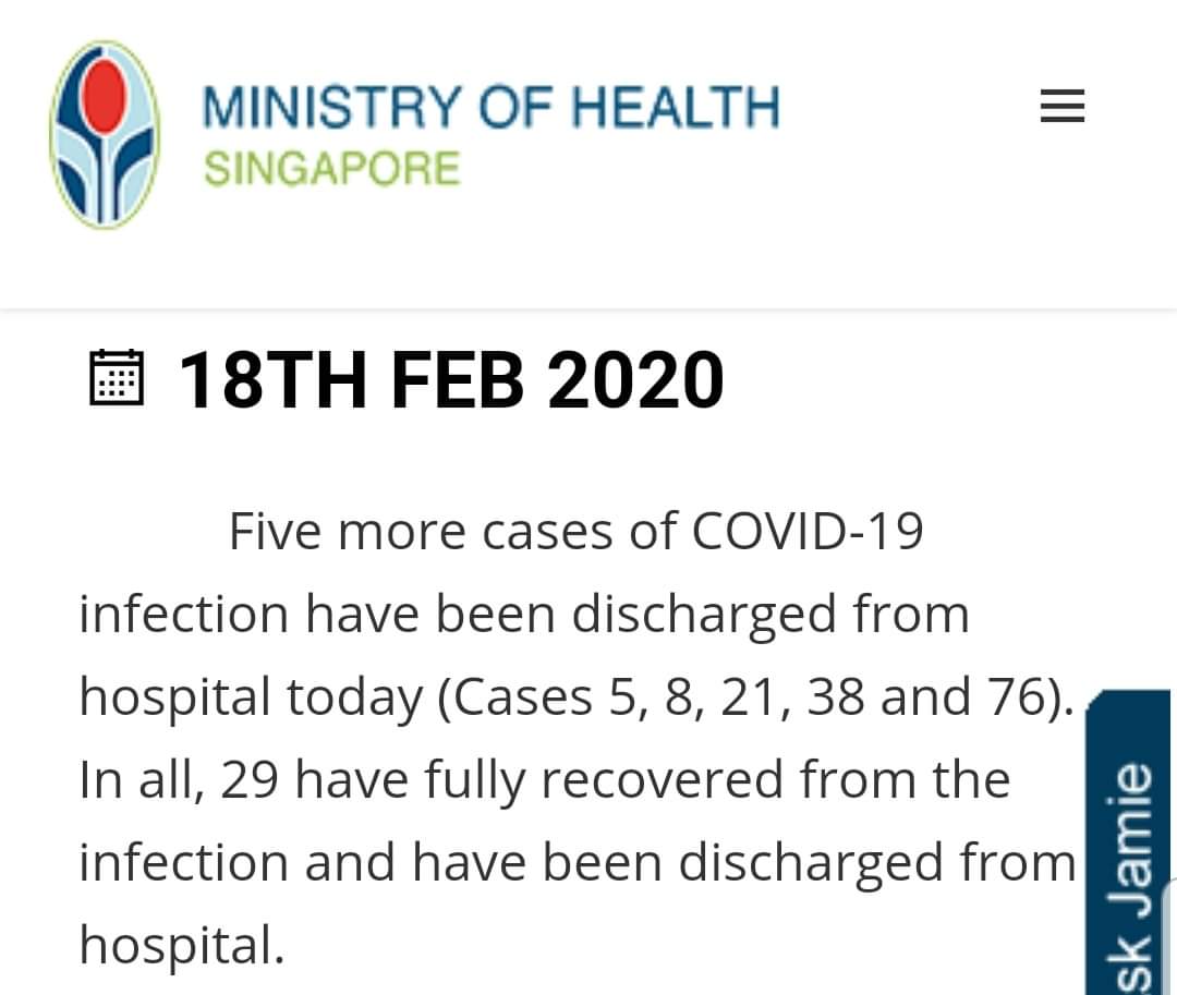 WNI pertama yg diketahui terinfeksi COVID19 telah dinyatakan sembuh total dan sudah pulang dari rumah sakit SGH per 18 Feb. Dia adalah case#21, bekerja sebagai ART dan terpapar dari majikannya. 

Berita gembira yg jarang diberitakan