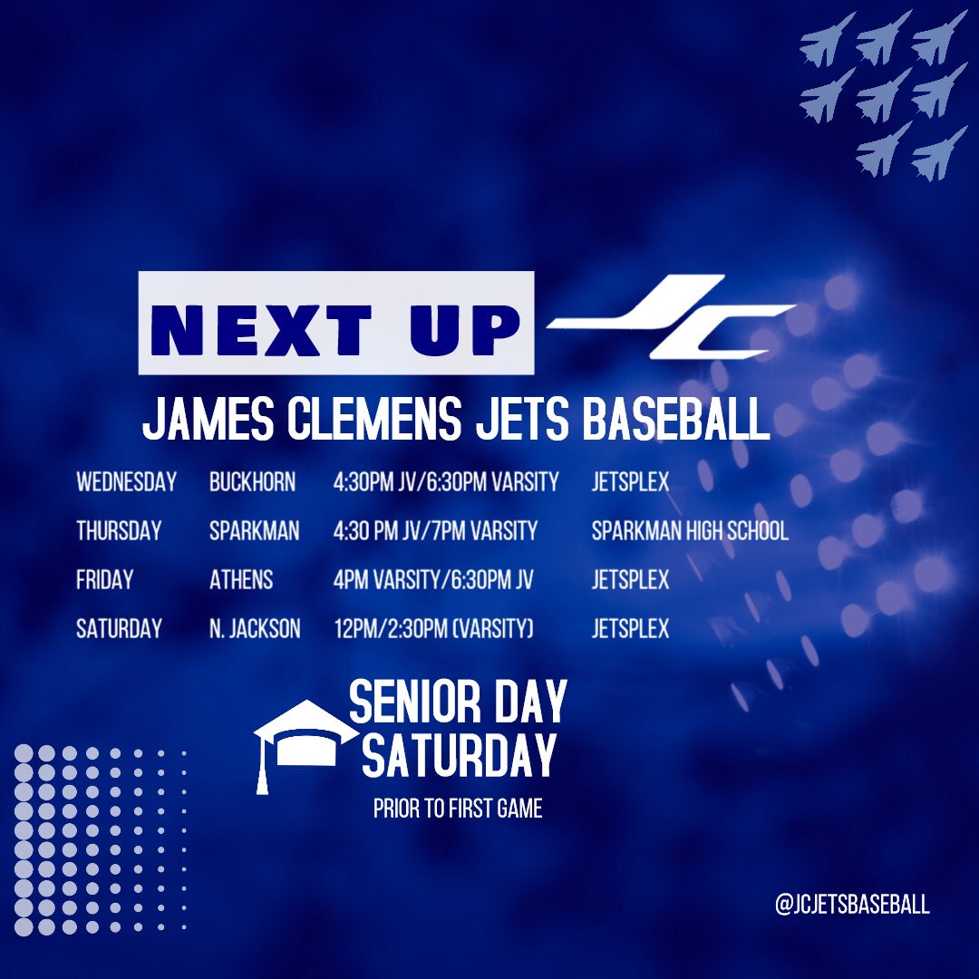 Next Up for the Jets. 4 days, 5 games. Be sure to join us Saturday as we honor our Seniors.