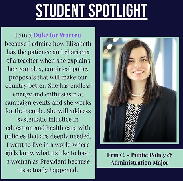 Dukes4Warren's tweet photo. FINAL THREAD TWEET - Here’s Erin Coogan on why @ewarren is her first choice for the Democratic nomination! https://t.co/h8c9htT8Kw
