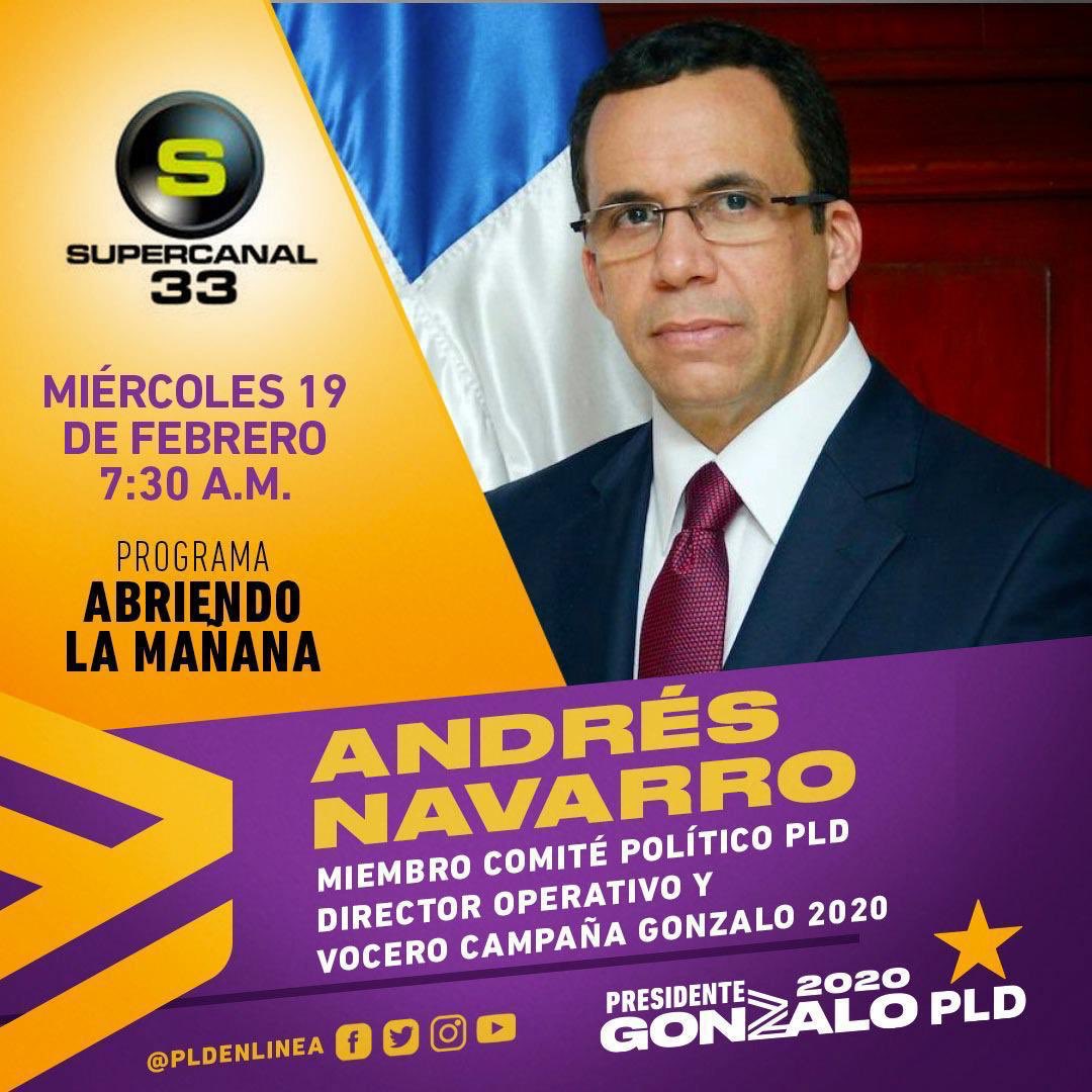 MAÑANA

 📌 El miembro del Comité Político del #PLD y director operativo de la Campaña #GonzaloPresidente, <a href="/andresnavarrog/">Andrés Navarro</a>, estará mañana miércoles en el programa “Abriendo <a href="/LaManana33/">Abriendo La Mañana</a>”. 

⏰ 7:30 A.M.

📺 <a href="/SuperCanal33/">supercanal33</a>