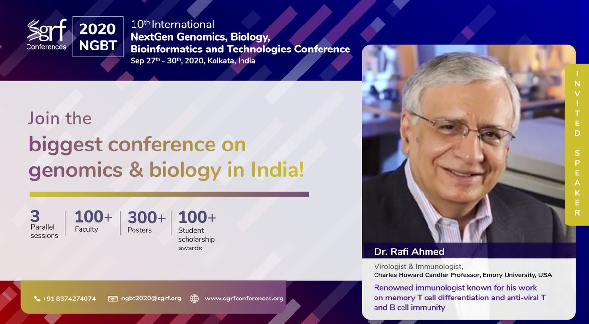 sgrfconferences's tweet photo. Join 2020 NGBT Meeting' from 27th-30th Sep, 2020 in Kolkata, India and hear from the expert, Dr Rafi Ahmed. Registrations open #virology #immunology #genomics   #biology #biochemistry #bioinformatics #lifesciences #molecularbiology #clinicalresearch #cellbiology #conference https://t.co/uDujTtUsVs