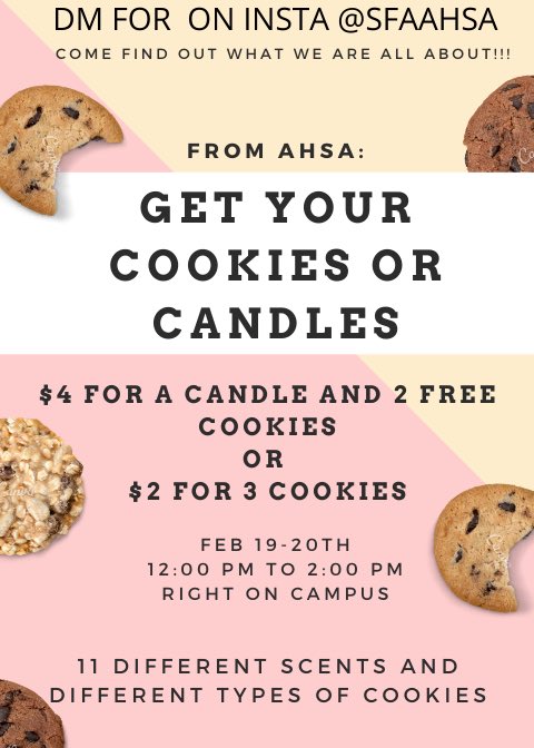 Heyy SFA! We’re going to be selling cookies and candles tomorrow and Thursday on campus! Come support us! This fundraiser will allow us to purchase presents for Alzheimer patients!