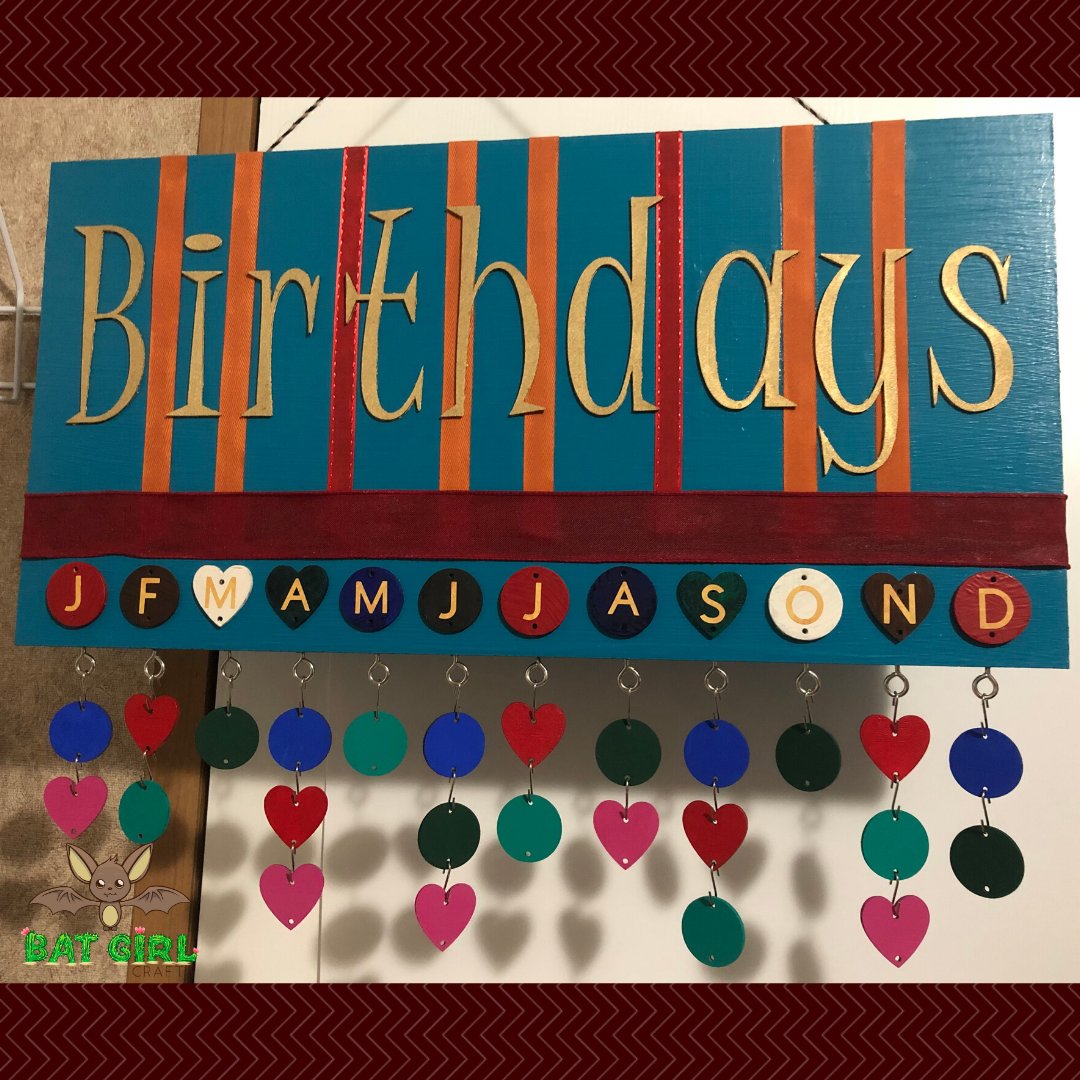 New board up on the website! batgirlcrafts.com #birthday #birthdayboard #birthdaytracker #birthdaycalendar #upcycled #wood #decor #homemade #craft #paint #craftfoam #GOLD #Blue #orange #red #ribbon #homebusiness #SmallBusiness #handcrafted #celebrate