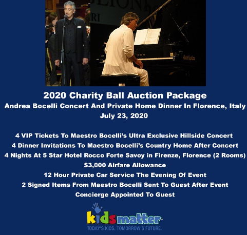 Exclusive Andrea Bocelli Concert and Dinner at His Florence, Italy Home Live Auction Package at Kids Matter Charity Ball Feb. 21 bit.ly/38m18Wz