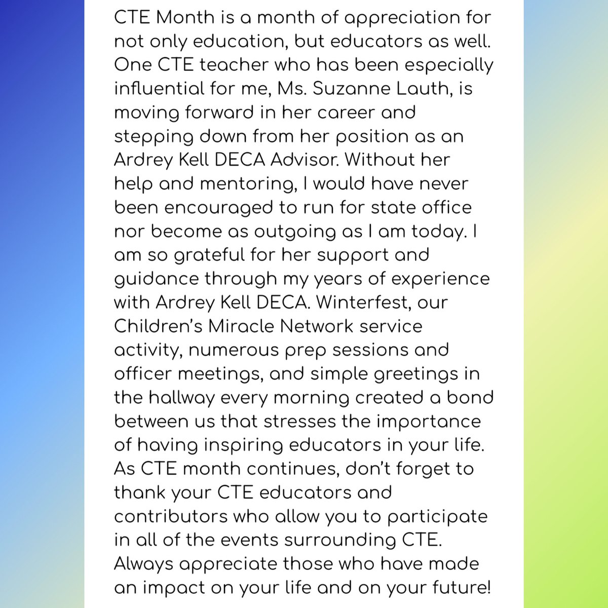 With a sad goodbye to Ms. Suzanne Lauth, <a href="/AKDECA/">Ardrey Kell DECA</a> gives a warm welcome to Mrs. Virginia Davis! #CTEMonth