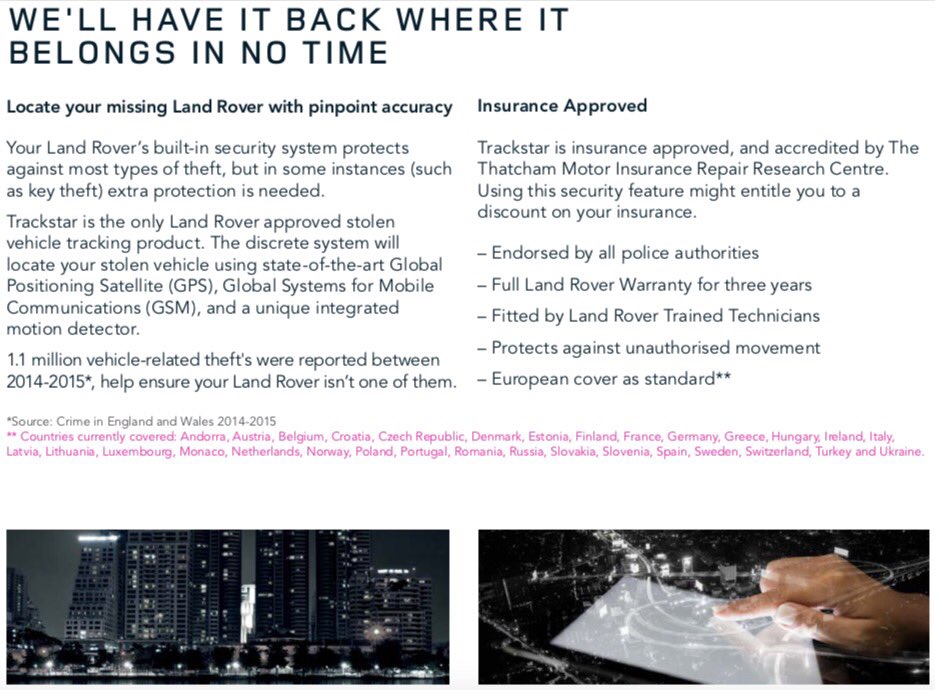 THEFT!

Good, that got your attention. Theft is no laughing matter, make sure your vehicle is highly protected. Trackstar is the only official Land Rover approved tracking device.

Call us today and we can install one tomorrow, or email us for more information.