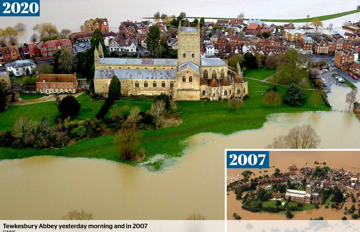WestWeather's tweet photo. A comparison between yesterday afternoon in Tewkesbury and the floods of 2007.

A serious amount of water as that water now travelling south through #Gloucestershire.

Thoughts are with all those in the county impacted across the country by flooding #StormDennis https://t.co/e3OmSF3VXz