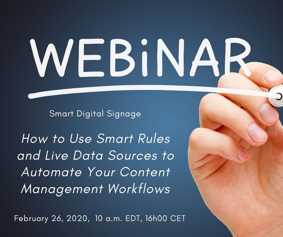 Navori's tweet photo. There's still time to register for Navori Labs' next webinar, Wednesday, February 26, 2020 10 a.m. EDT/16h00 CET. Jordan Feil will demonstrate Navori QL's approach to data-driven content automation.
Register Now! https://t.co/6Tjp1lK70B
#bestdigitalsignage #DSE2020 https://t.co/NBBlUbFfad