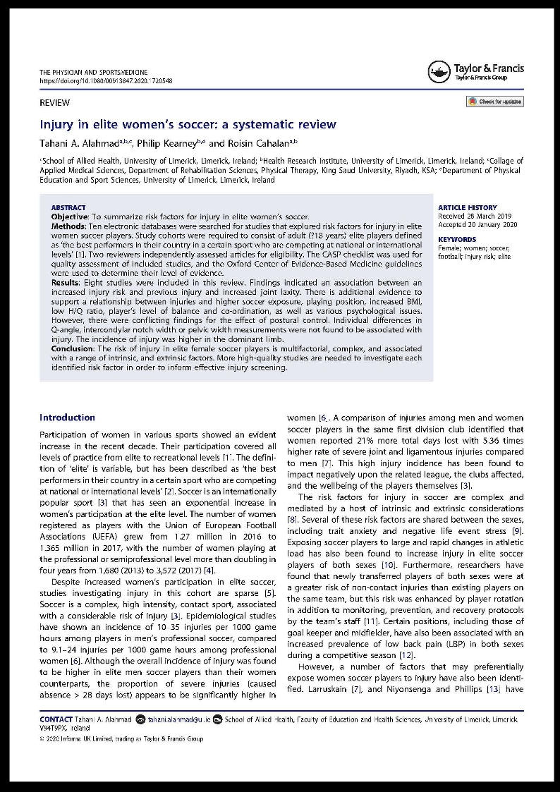 PessLimerick's tweet photo. Systematic review from@kearney_phil
& colleagues: Injury in elite women’s soccer. https://t.co/06aesePPwZ @EHS_Research #EHSResearch #PESSResearch https://t.co/AvG0hX85cq https://t.co/qvggSQQvn0