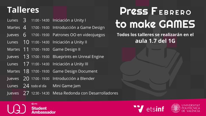 etsinfupv's tweet photo. 🎮Hoy 20 de febrero continuan los talleres del mes de los #vídeojuegos con @UniversityDevs #UPVGameDev
📅 Introducción a Blender
📍Aula 1.7, Edificio 1G
👇En la imagen tienes el listado de los talleres programados tambien 24 y 27👇 https://t.co/WCLpbw41XP