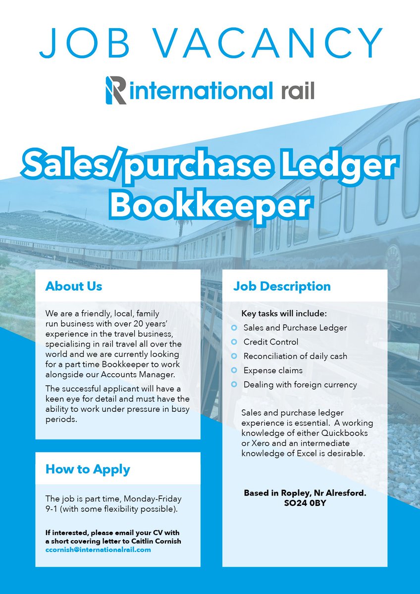 IntRail's tweet image. ⭐️⭐️A great opportunity for a part time #bookkeeper to join our friendly team at International Rail Ltd, based in Hampshire. If interested, please apply with your CV and a covering letter to ccornish@internationalrail.com ⭐️⭐️