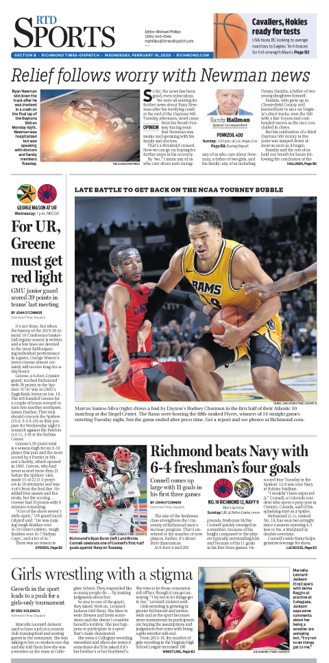 cwilinric's tweet photo. Feb. 19 @RTDSports featuring @VCU_Hoops @SpiderMBB @SpiderMLAX @804Varsity @UVAMensHoops @HokiesMBB and our weekly #RacingReport Stories by @RandyLHallman @RTDjohnoconnor @EricKolenich @RTD_MikeBarber @lilyabetts @APSE_sportmedia Online now: https://t.co/Hc57UCQVPJ https://t.co/v1C5yhQR3T