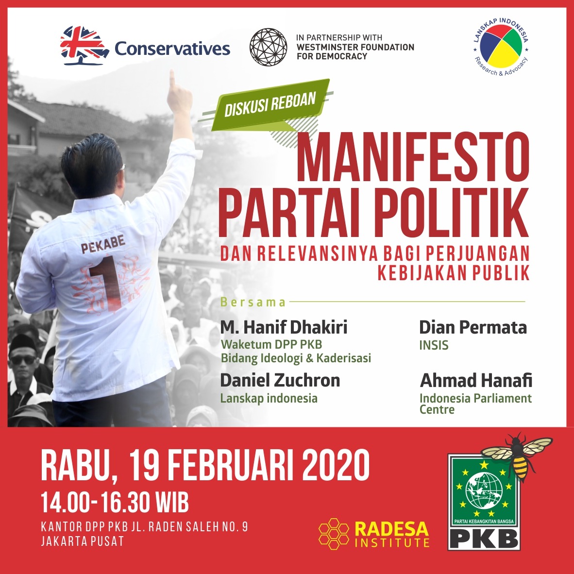Diskusi Reboan hari ini kembali digelar, kali ini akan mengangkat tema “Manifesto Partai Politik dan Relevansinya bagi Perjuangan Kebijakan Publik”

Yuk hadir ke Kantor DPP PKB lantai 4, bersama <a href="/hanifdhakiri/">MHD</a> Daniel Zuchroh, Dian Permata, Ahmad Hanafi 
#ManifestoPolitikPKB