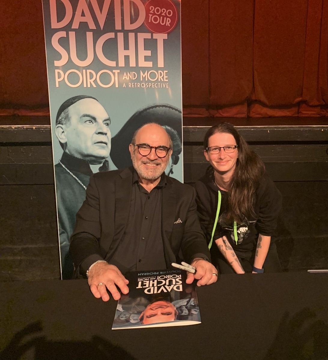 webbyfrost's tweet photo. When I got a Hercule Poirot tattoo I never dreamed I would get to meet the man who brought the character to life so fantastically. Thank you @David_Suchet for bringing your amazing show to NZ and not asking for security to escort me out of the building when you saw the tattoo. 😊 https://t.co/vjwWFHIVcd