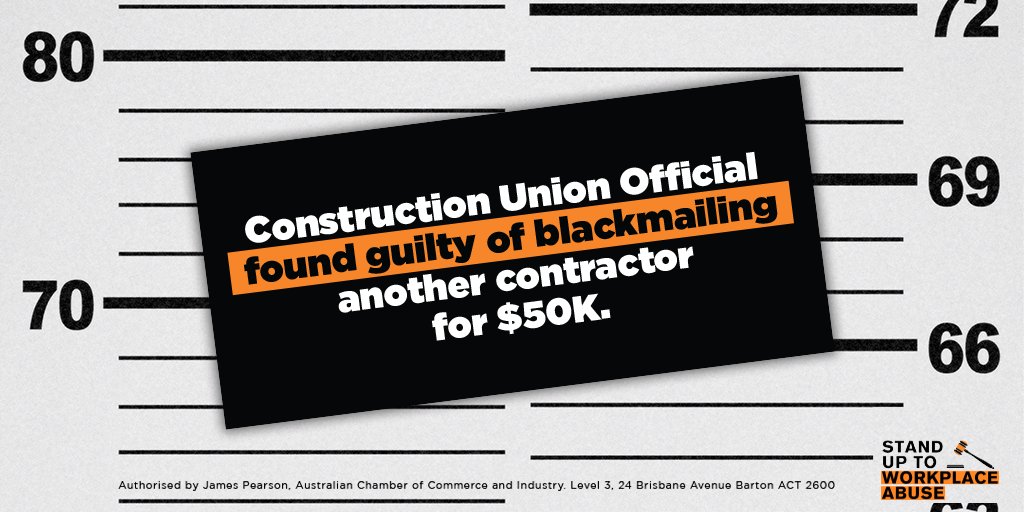 OurWorkplaces's tweet photo. A construction union organiser was found guilty of blackmail, and was given a suspended sentence of 2 years and 9 months. Do Australian workers deserve better?

We must put an end to the lawlessness. Sign the petition:

https://t.co/GvvFuGehcq https://t.co/Me3rudz83q