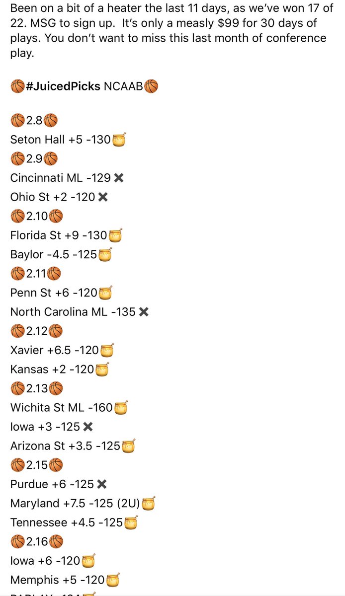 Juiced_Sports's tweet photo. Been on a bit of a heater the last 11 days, as we’ve won 17 of 22. MSG to sign up.  It’s only a measly $99 for 30 days of plays. You don’t want to miss this last month of conference play.

🏀#JuicedPicks NCAAB🍯 https://t.co/hqaHC3vczF