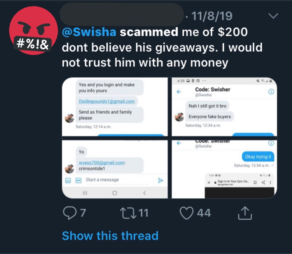 ScamAnnihilator's tweet photo. @Swisha #Swisha is scamming ppl, plz be on alert! The guy in SS3 got scammed out of $200! Plz #RUB / RT for #ScammerAwareness. If you got scammed by @Swisha, plz leave your SS in comments! πβπ¨
β
#Scammer #Scam #Scams #TwitterScam #TwitterFraud #FakeGiveAways #FakeGaws #FakeGaw πβπ¨ https://t.co/wSfvtJ0R6H
