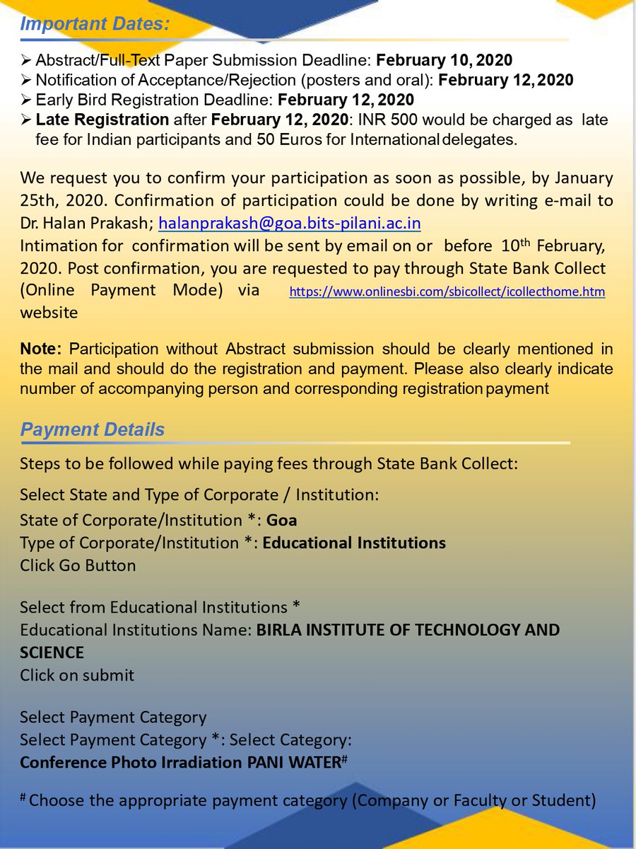 Guys, save the date: 3-4 March 2020 for International Conference on PANI-WATER (Photo -irradiation and Adsorption based Novel Innovations for Water-treatment). <a href="/CSIR_IND/">CSIR, India</a> <a href="/IndiaDST/">DSTIndia</a> <a href="/shekhar_mande/">Shekhar Mande</a> @kumarneeri <a href="/paniwater_eu/">paniwater_eu</a>
<a href="/RitaNEERI/">Dr Rita Dhodapkar</a> @DrKapley <a href="/BITSPilaniGoa/">BITS Pilani, Goa</a> <a href="/EU_H2020/">Horizon 2020</a> 
@KGMcGuigan