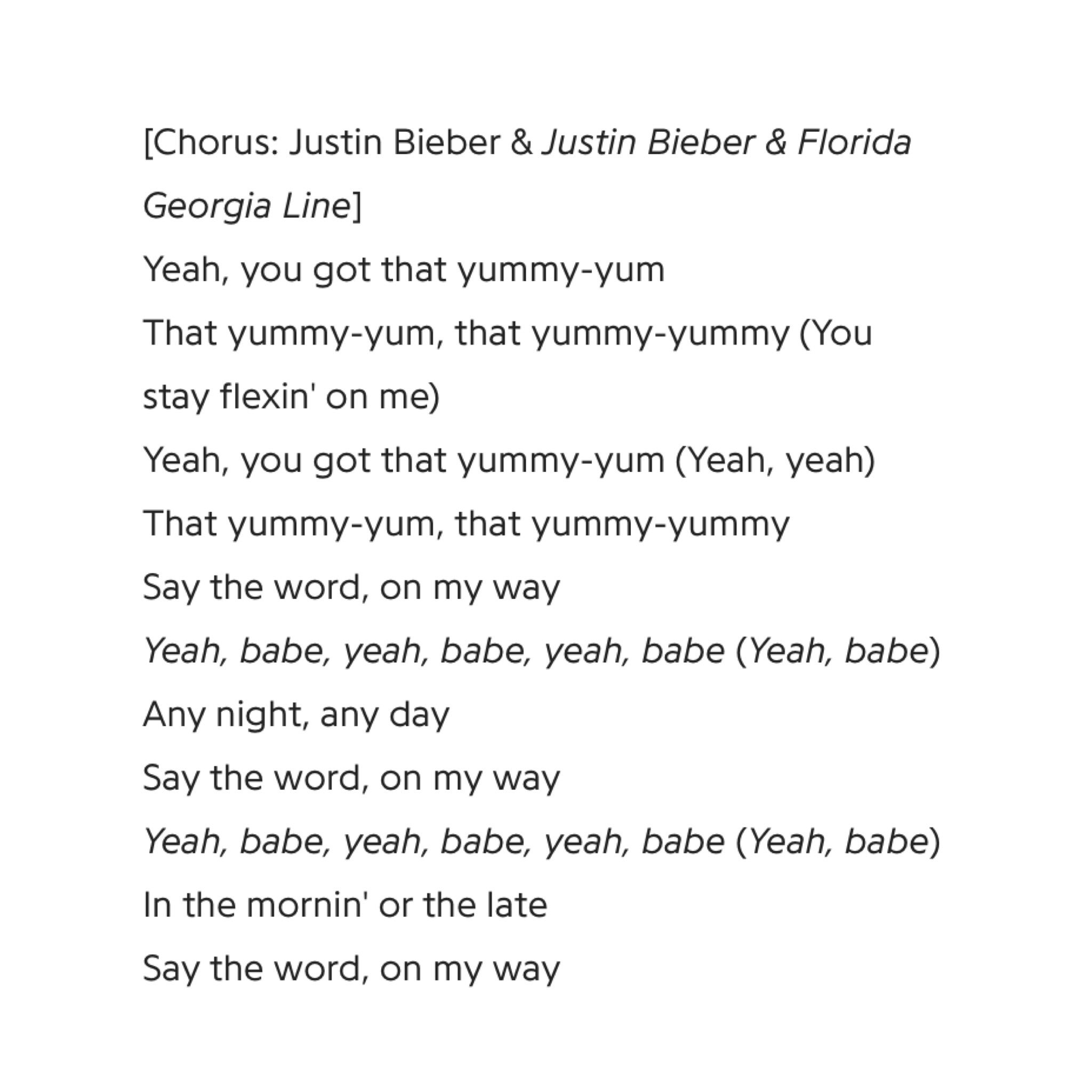 Justin Bieber Crew on X: Check out the lyrics to “Yummy (Country