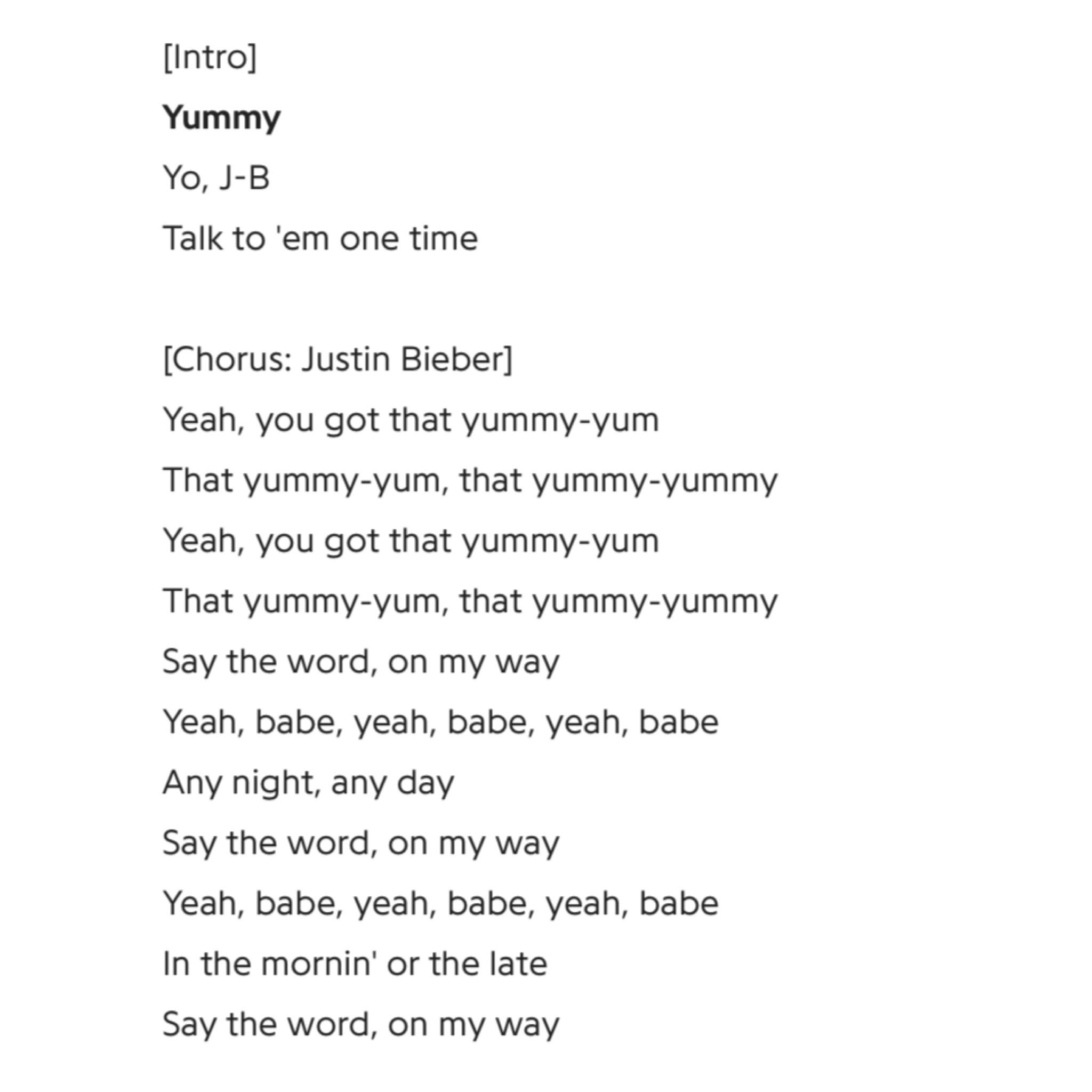 Justin Bieber Crew on X: Check out the lyrics to “Yummy (Country